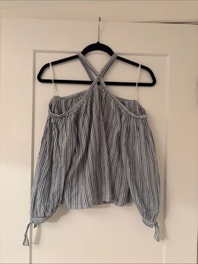 Rebecca Taylor Blue and White Striped Cold-Shoulder Halter Top